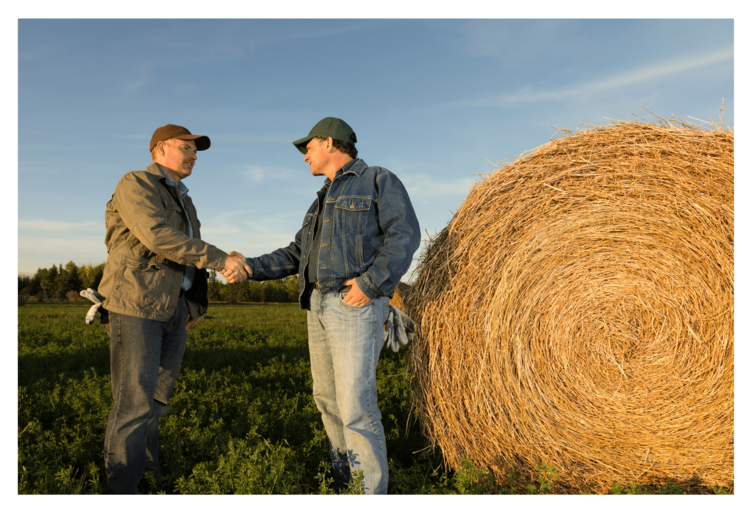 Deux agriculteurs de serrent la main dans un champ